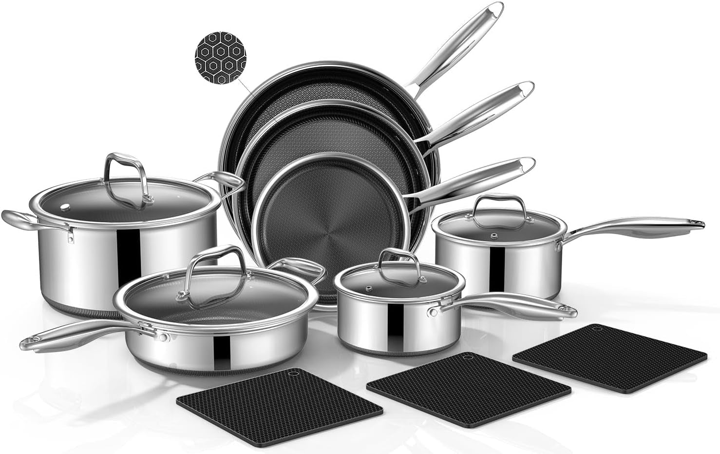 14-piece-hybrid-stainless-steel-cookware-set-with-3-silicone-trivets-heavy-duty-pots-and-pans-set-induction-compatible-oven-dishwasher-safe-pfoa-free