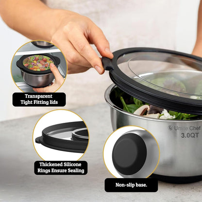 Mixing Bowls with Lids Set - Non-Slip, Airtight Warp-Proof TPR-AS Lids, Thicker Stainless Steel Bowls, Measurement Lines & 3 Graters, Prep Meal Bowl, Black Nesting Bowl for Kitchen, 5/3/2/1.5/0.63QT3