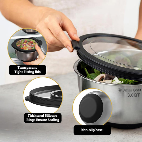 Mixing Bowls with Lids Set - Non-Slip, Airtight Warp-Proof TPR-AS Lids, Thicker Stainless Steel Bowls, Measurement Lines & 3 Graters, Prep Meal Bowl, Black Nesting Bowl for Kitchen, 5/3/2/1.5/0.63QT3