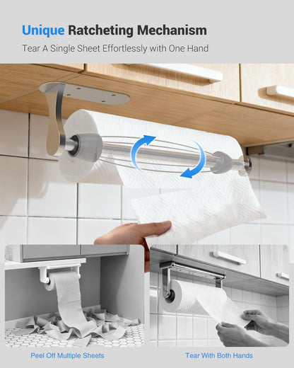 Paper Towel Holder under Cabinet, One-Handed Tear, Wall Mount, Adhesive, Silver, Paper Roll Holder with Ratchet Mechanism for Kitchen Bathroom Farmhouse Essentials Decor Accessories2