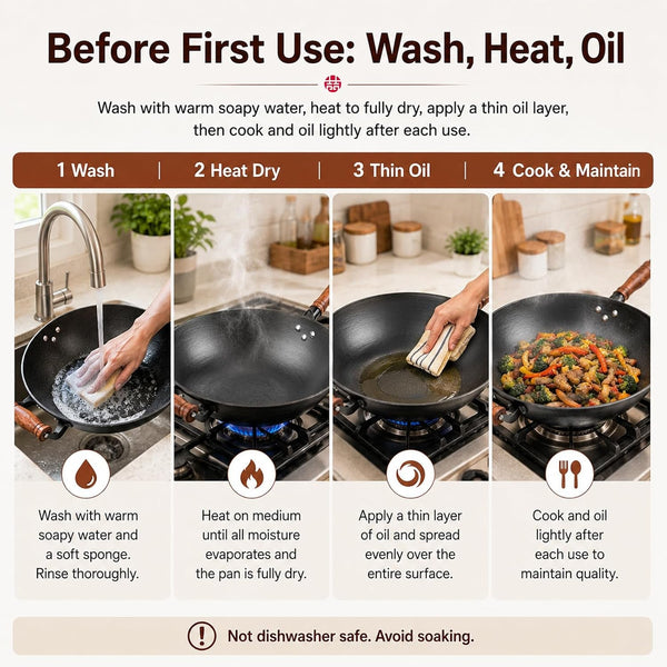 14.2 Inch Cast Iron Wok with Wooden Lid & Handle, Flat Bottom Stir Fry Wok Pan, Turtle-Pattern Textured Uncoated Large Wok Skillet for Induction, Gas & Electric (Seasoning Required) | Uncoated Cast Iron Wok with Wood Lid for Induction, Gas and Electric Stoves; Season before Use.8