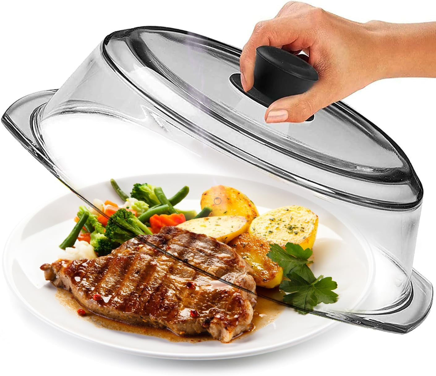 tall-glass-microwave-splatter-cover-cool-touch-easy-grip-handle-durable-borosilicate-glass-plastic-free-lead-bpa-free-dishwasher-safe-dual-steam-vents-clear-food-plate-guard-lid