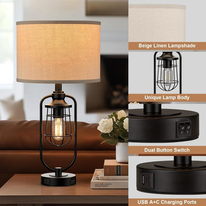 24" Farmhouse Table Lamps for Living Room Set of 2, Black Rustic Lamps for Night Stands with USB Ports, Industrial Bedside Lamp for Bedroom End Tables, Bulbs Included5