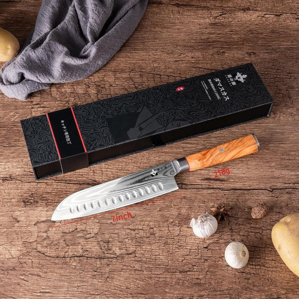 Damascus Santoku Knife 7 Inch with VG10 Steel Olivewood Handle, Razor Sharp Kitchen Knife6