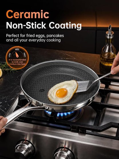 8 Inch Non Stick Frying Pans,Ceramic Nonstick Coating Skillet | Stainless Steel, Pfas/Pfoa/Ptfe-Free & Non-Toxic. Compatible with All Stovetops. Oven & Dishwasher Safe. Stay Cool Handle4