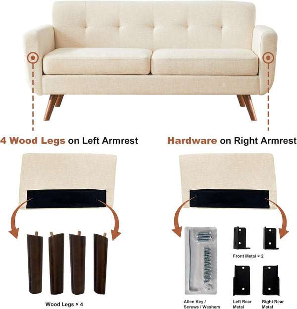 65" W Loveseat Sofa, Mid Century Modern Decor Love Seat Couches for Living Room, Button Tufted Upholstered Small Couch for Bedroom, Solid and Easy to Install Love Seats Furniture, Beige6