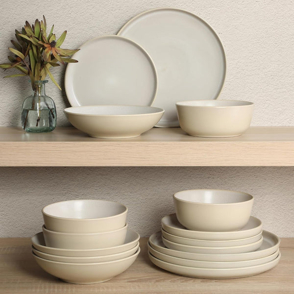 Tribeca Loft 16-Piece Dinnerware Set – Matte Cream and White Reactive Glaze Stoneware, Double Bowl round Plates and Bowls – Modern Neutral Tableware for 4, Dishwasher & Microwave Safe6