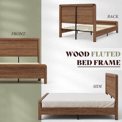 Queen Wood Bed Frame with Fluted Headboard & Footboard, Walnut7