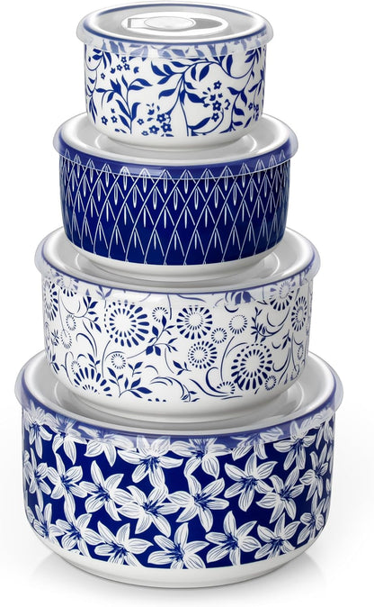 Ceramic Nesting Bowls with Lids Set of 4, Serving Bowls for Food Storage, Prep Bowl, Ceramic Bowl for Kitchen, Microwave & Dishwasher Safe, 60+36+20+10 Oz, Series SELENE1