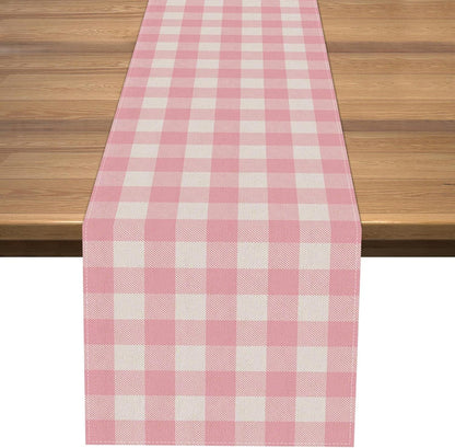 Linen Easter Pink and White Buffalo Check Plaid Table Runner Gingham Pink Farm Birthday Party Decorations Home Kichen Dining Room Decor 72 Inches Long1