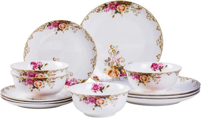 12 Piece Dinnerware Sets for 4, White Porcelain Gold Rim, Formal Dining1