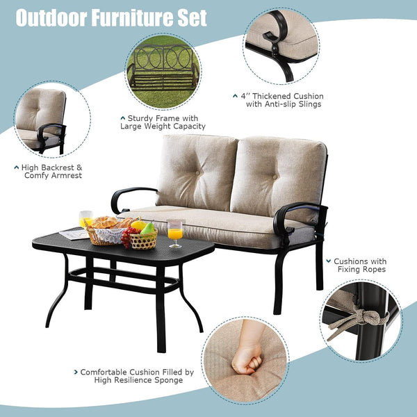 Patio Loveseat with Table Set, 2 Seat Cushioned Sofa with Coffee Table, Patio Conversation Sofa Set with Rustproof Frame, 2 Pieces Outdoor Furniture Set for Garden, Poolside, Balcony (Beige)5