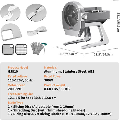 Commercial Vegetable Chopper, 300W Auto Feed Stainless Steel Vegetable and Meat Slicer, 4-In-1 Food Cutter Machine with 1-10Mm Slicing, 3Mm Shredding & 2 Dicing Sizes, 440LBS/H Output, 110V8