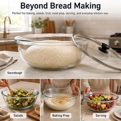 6.7 QT Sourdough Proofing Bowl with Glass Lid, Large Borosilicate Glass Bowl for Bread Dough Rising, Clear Mixing Bowl for Sourdough Bread Making, Baking, Salad and Food Prep6