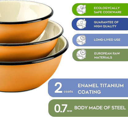 Enamel Bowl Set of 3 Pcs Enamel Serving Bowls, Enameled Steel Mixing Bowls for Cooking Prepping, Kitchen Fruit Salad Bowl, Dishwasher Safe (Mustard)7