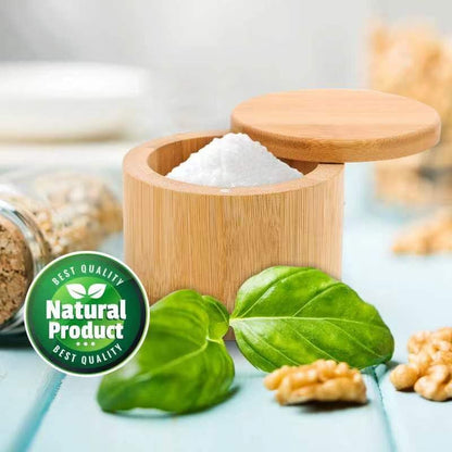 Salt Cellar, Bamboo Salt Container with Lid, Solid Salt Box Holder with 360° Swivel Lid for Countertop to Store Pepper Spice, Elegant Flaky Salt Containers Bowl on Your Kitchen, 6OZ8
