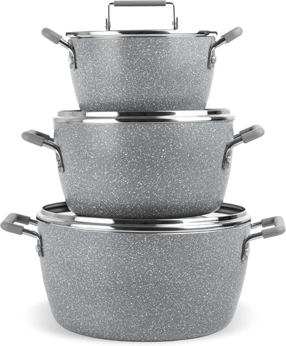 Gray Pots and Pans Set Nonstick, 6 Stackable Piece Cooking Pots Set, Kitchen Pots, Non Stick Coating, 5Qt 3Qt & 1.5Qt Pots with Lids, Stay Cool Handles Dishwasher Safe 100% Toxin Free1