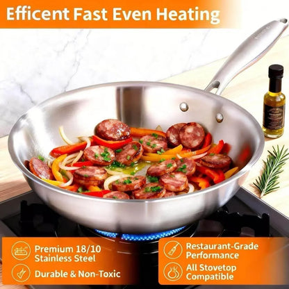 Woks & Stir-Fry Pans, 13 in Stainless Steel Pan with Lid, Large Cooking Surface, Tri-Ply Stainless Steel Wok Pan,High Side 3 Layer Stainless Steel Saute Pan, Wok for Induction Cooktop, 600℉6