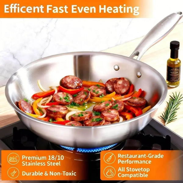Woks & Stir-Fry Pans, 13 in Stainless Steel Pan with Lid, Large Cooking Surface, Tri-Ply Stainless Steel Wok Pan,High Side 3 Layer Stainless Steel Saute Pan, Wok for Induction Cooktop, 600℉6