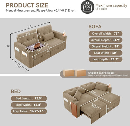 73" Sleeper Sofa, Convertible Sofa Bed with Pull Out Couch, Khaki3
