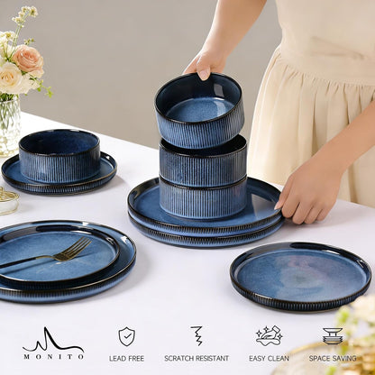 12PCS Ceramic Dinnerware Set for 4, Stoneware Plates and Bowls Sets4