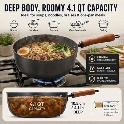 4 Qt Nitrided Carbon Steel Deep Wok with Lid, Flat Bottom | Deep 4 Qt Nitrided Steel for Braising, Soups, Noodles and One-Pot Meals; Wooden Handle; Gas, Electric and Induction Ready.3