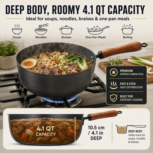 4 Qt Nitrided Carbon Steel Deep Wok with Lid, Flat Bottom | Deep 4 Qt Nitrided Steel for Braising, Soups, Noodles and One-Pot Meals; Wooden Handle; Gas, Electric and Induction Ready.3