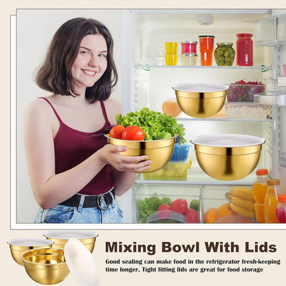 6 Pcs Gold Kitchen Accessories Set Includes 3 Gold Mixing Bowls with Airtight Lids Stainless Steel Colander Grater Slicer and Fine Mesh Strainer(Mixing Bowls: 2.8/3.7/5 Qt, Colander: 4 Qt)5