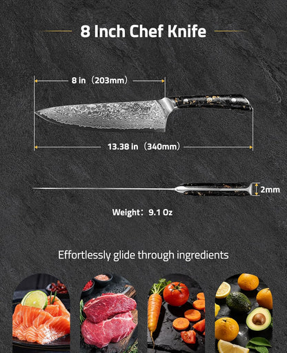 Chef Knife, 8" Damascus Steel Knife with High Carbon 10Cr15Mov Core5