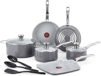 Fresh Gourmet Recycled Ceramic Non Stick Cookware Set 12 Piece, Oven Broiler Safe 500F, Lid Safe 350F, Kitchen Cooking Set W/Fry Pans, Saucepans, Dutch Oven, Utensils, Pots and Pans Set, Grey1