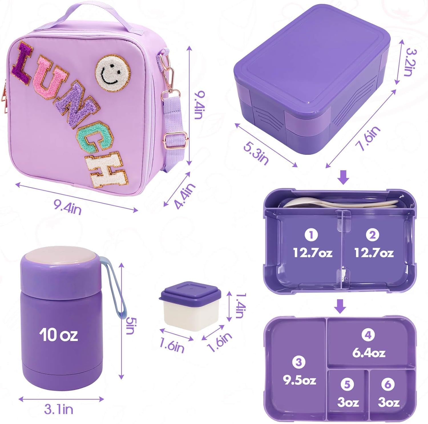preppy-lunch-box-for-girls-with-10oz-thermo-with-6-compartment-bento-box-purple-nylon-insulated-lunch-bag-adjustable-strap-for-girl-kids-teens-school-travel-picnic