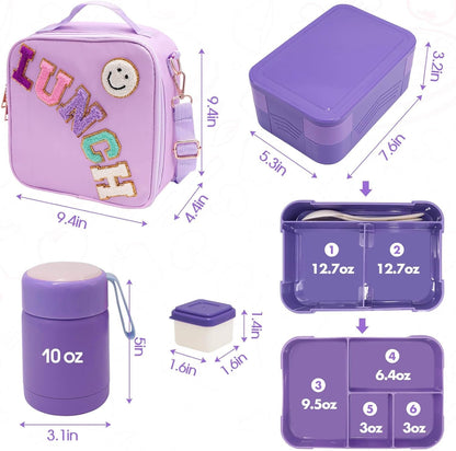 Preppy Lunch Box for Girls with 10Oz Thermo, with 6 Compartment Bento Box, Purple Nylon Insulated Lunch Bag Adjustable Strap for Girl Kids Teens School Travel Picnic7