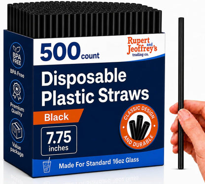Disposable Plastic Drinking Straws, Straight 7.75-Inch, Black, 500 Count | Drinking Straws, 7.75-Inch Straight Plastic, Standard 16 Oz Cup Size, Black, 500 Count, Home or Foodservice Use1