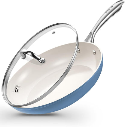 10 Inch Frying Pan with Lid, Ceramic Nonstick Frying Pan with Stay-Cool Stainless Steel Handle, 10 Inch Skillet, Omelet Pan with Nonstick Ceramic Coating, PFOA Free, Oven Safe, Blue1