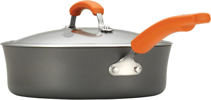 Brights Hard-Anodized Aluminum Nonstick Cookware Set with Glass Lids, 10-Piece Pot and Pan Set, Gray with Orange Handles15