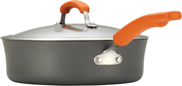 Brights Hard-Anodized Aluminum Nonstick Cookware Set with Glass Lids, 10-Piece Pot and Pan Set, Gray with Orange Handles15