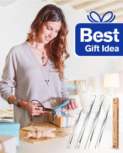 4 Pcs Fine Long Tweezer Tongs Professional Silver, 12'' and 10'' Stainless Steel for Kitchen, Food, Cooking, Repairing, Sea Food and BBQ7