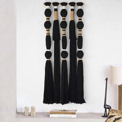 Macrame Wall Hanging Black Spherical Tassel Geometric Wall Art 15.7"W*39"L | Black Wall Art, Boho Style Piece, Modern Home Accent, Bedroom Hanging Decor, for Living Room, Apartment Interior Touch3