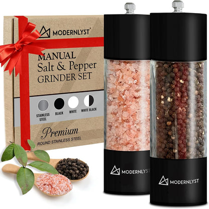 Manual Salt and Pepper Grinder Set of 2 | Large round Salt and Pepper Shakers Set | 7.5 Inch Stainless Steel Salt Grinder Refillable | Pepper Grinder Manual (Black)7