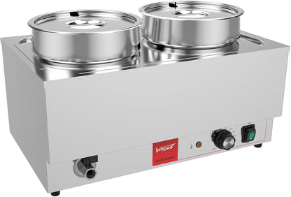 Commercial Stainless Steel Bain Marie Food Warmer 2 round Pots | 1200W, Adjustable Heat Control (95℉-185℉), Electric Soup Warmer with Lid and Tap for Home, Catering, Buffet1