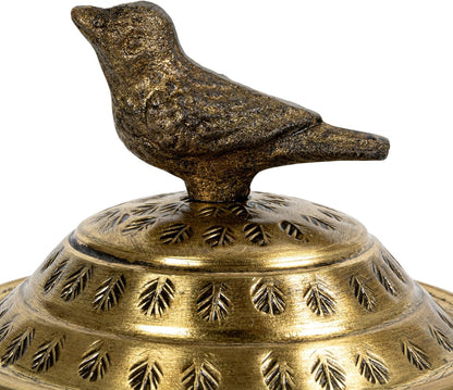Round Hammered Metal Container with Bird Finial, Brass Finish5