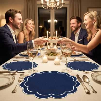 Dark Blue Linen Placemats Embroidered round Scalloped Kitchen Table Mats for Party Home Dining Table Decor, Set of 6, 15 X 15 In7