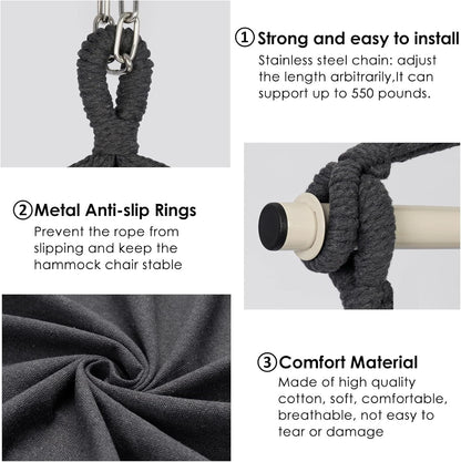 Hammock Chair Hanging Rope Swing Chair, Max 500 Lbs, 2 Seat Cushions Included, Removable Steel Spreader Bar with Anti-Slip Rings, Hardware Kit-For Indoor Outdoor(Dark Grey)3