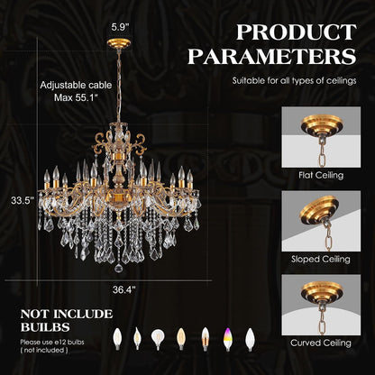 Gold Crystal Chandelier, 10-Light Antique Bronze Candle Pendant Ceiling Light Fixture with K9 Crystals for Dining and Living Room, Bedroom, Kitchen Island, Hallway, Dia 36"7