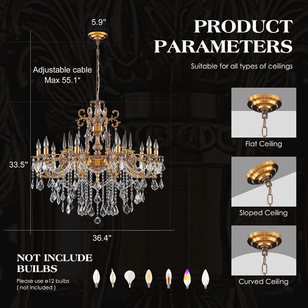 Gold Crystal Chandelier, 10-Light Antique Bronze Candle Pendant Ceiling Light Fixture with K9 Crystals for Dining and Living Room, Bedroom, Kitchen Island, Hallway, Dia 36"7