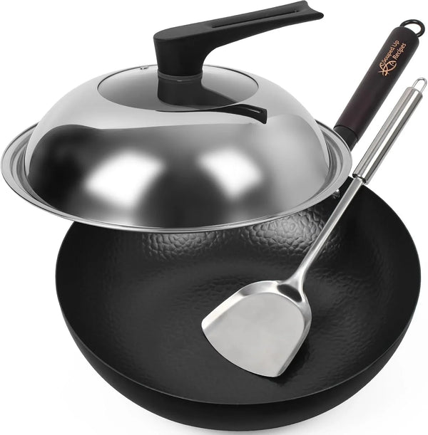 13.4 Inch Carbon Steel Wok for Electric, Induction and Gas Stoves (Lid, Spatula and User Guide Video Included)1