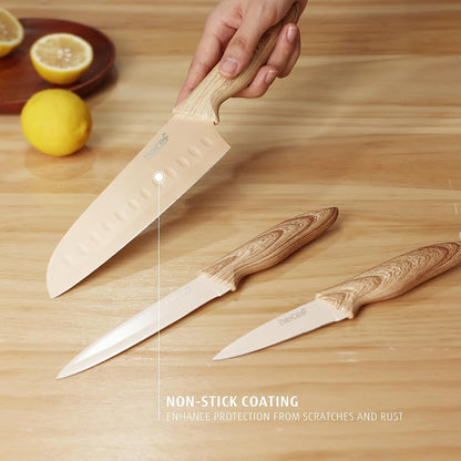 Knife Set of 3, Stainless Steel Blade with Non-Stick Coating, Sharp Kitchen Knives Includes Santoku, Utility, Paring Knives5
