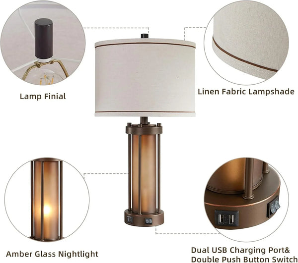 Set of 2 Farmhouse Table Lamps for Living Room with 2 USB Charging Ports | Vintage Rustic Nightstand Lamps with Amber Glass Nightlight, Retro Desk Lamps for Bedroom Entryway, 4 Bulbs Included (Brown)5