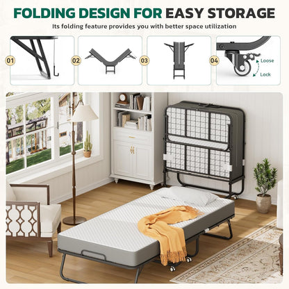 Folding Bed with 5 Inch Mattress, 75” X 31” Portable Rollaway Bed with Memory Mattress, Foldable Bed with Metal Frame for Adults,Guest,Space-Saving5