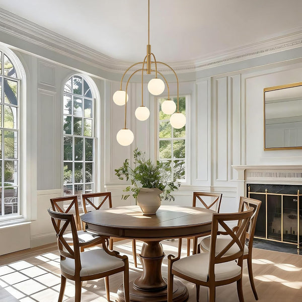 6 Lights Mid Century Modern Chandelier, Milk Glass Globe Chandelier Light Fixture with Gold Metal & White Ball, Large Pendant Lighting Ceiling Hanging for Dining Room Kitchen Island Entryway2